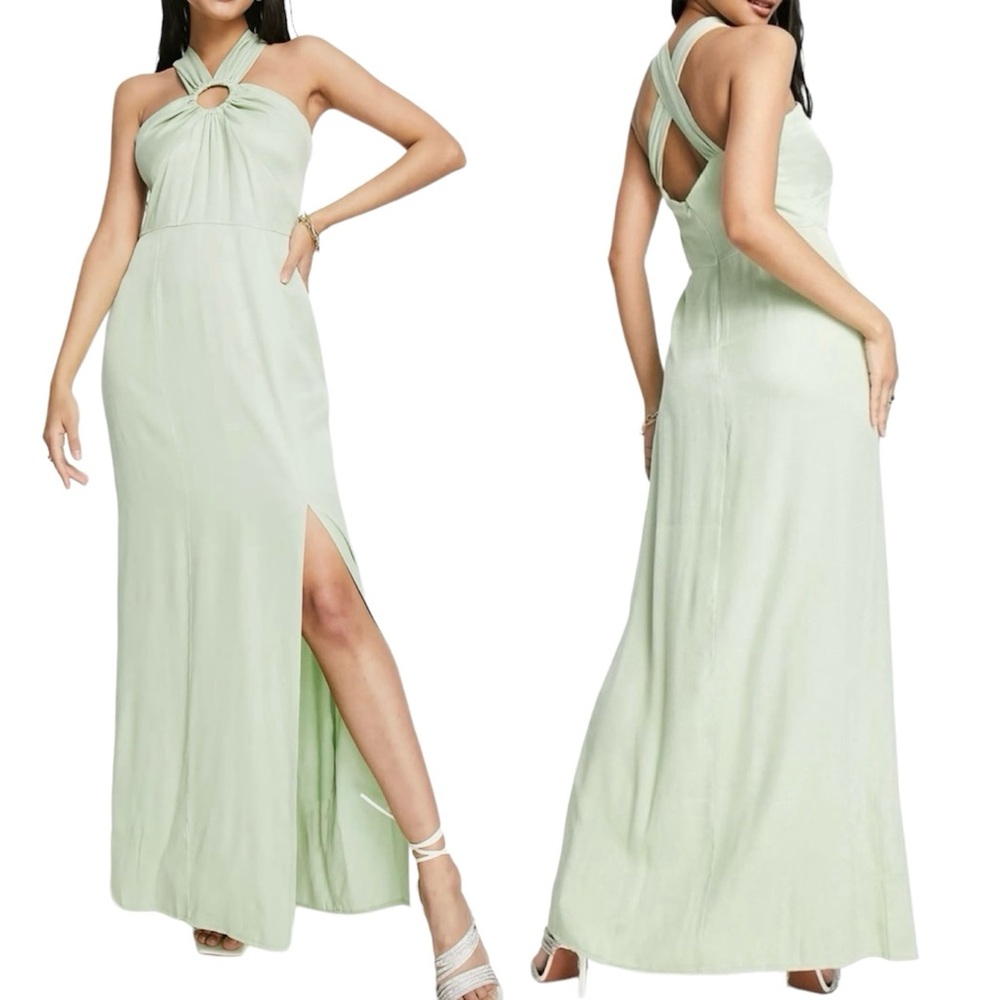New Topshop Ring Cutout Halter Neck Side Slit Maxi Dress Sage Green Size 6